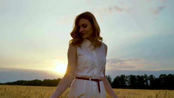 Jovem mulher no campo de trigo ao pôr-do-sol com sol através de nuvens no fundo — Vídeo de Stock