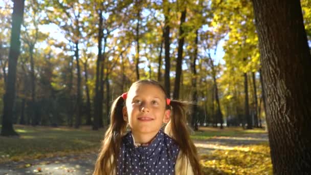 Портрет маленької дівчинки, що стрибає і кидає жовте листя в осінній парк — стокове відео