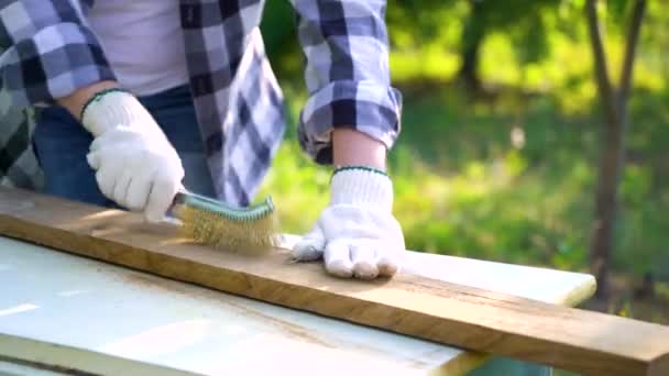 Plan recadré d'une menuisière grattant une planche de bois avec une brosse métallique — Video