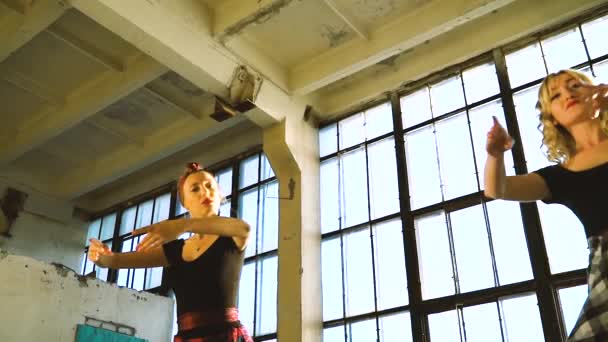 Plan à angle bas de danseurs s'échauffant dans le studio loft avec pigeon volant à l'intérieur — Video