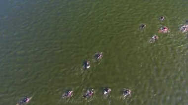 su yarışında koyu yeşil nehir geçiş triatlon yarışmacıların hava üstü