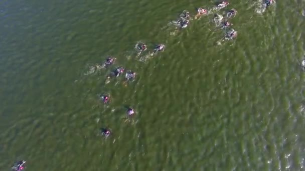 Arriba hacia abajo de los corredores de triatlón bypass boya roja flotando en el agua — Vídeos de Stock