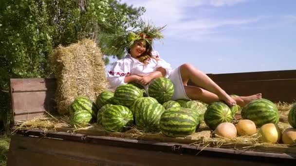 Mädchen in ethnischer Kleidung sitzt in Anhänger mit Ernte draußen — Stockvideo