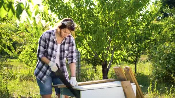 漂亮的女人木匠看着相机和手锯木板在阳光明媚的果园 — 图库视频影像