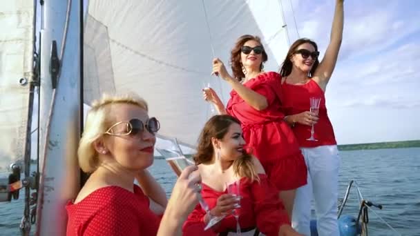 Kamarádi pití vína na párty na plachetnici — Stock video