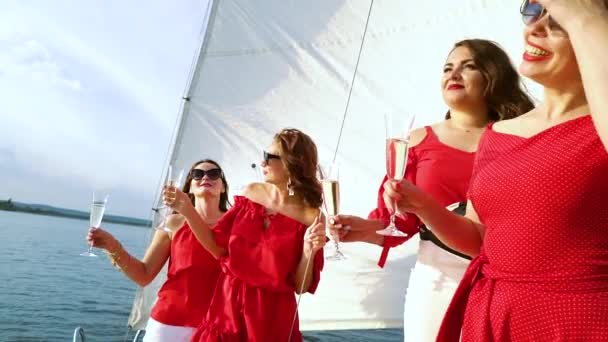 Companhia de mulheres assistindo pôr do sol e brindar vinho no veleiro — Vídeo de Stock