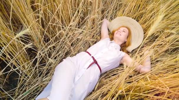 Романтична дівчина лежить на стиглих пшеничних вухах на літньому полі — стокове відео