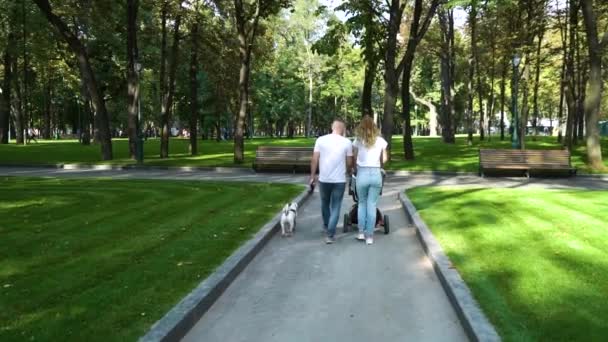 Ung familj med barnvagn och hund tillbringa tid i parken — Stockvideo