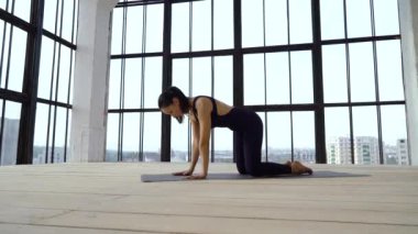 Büyük stüdyoda yoga asanas pratik Çekici esmer