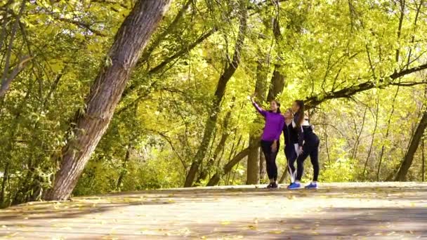 Sportowe dziewczyny w odzieży sportowej robiące selfie zdjęcia w jesiennym ogrodzie — Wideo stockowe