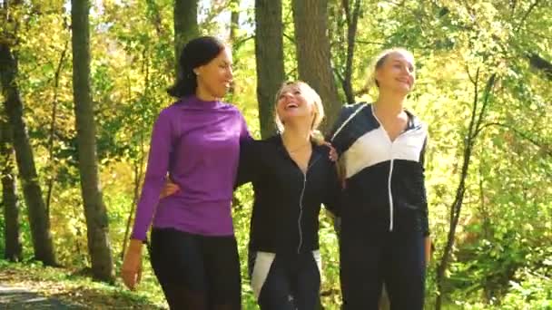 Gelukkige vrienden die plezier hebben en samen joggen in het park — Stockvideo