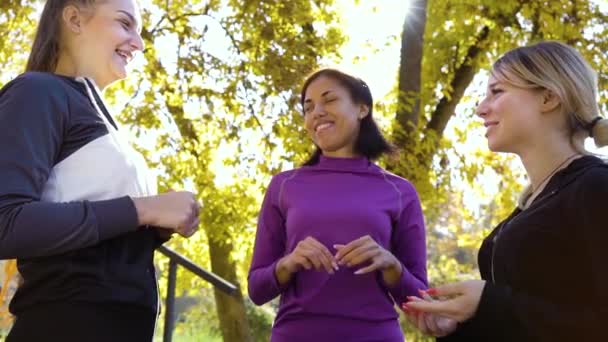 Feliz ajuste de las niñas haciendo pila de manos antes de correr en el parque — Vídeos de Stock