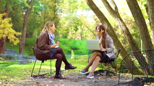 Jóvenes freelancers trabajando remotamente en el parque otoñal — Vídeos de Stock