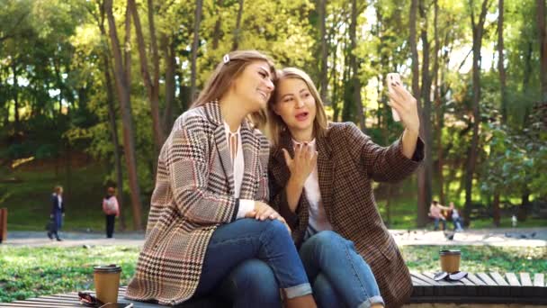 Blogger che utilizzano smartphone per lo streaming in diretta nel parco — Video Stock