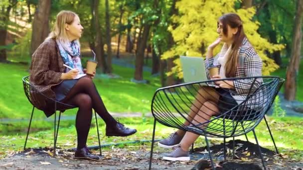 Treinadores de negócios positivos trabalhando no parque de outono — Vídeo de Stock