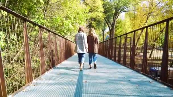 Melhores amigos desfrutando de passeios dourados no outono no parque público — Vídeo de Stock