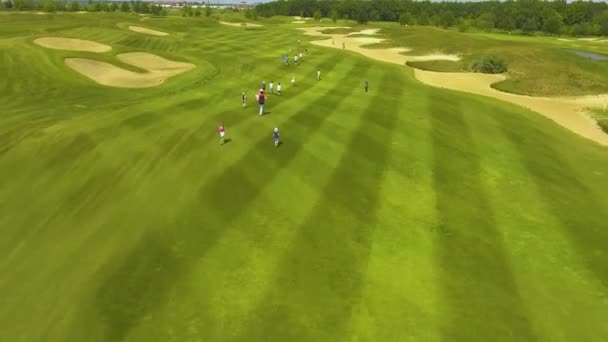 Güneşli bir günde golf sahasında koşan bir grup çocuk. — Stok video