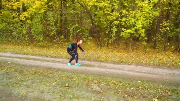 Menina com cinto de canicross brincando com Amstaff na passarela perto da floresta de outono — Vídeo de Stock