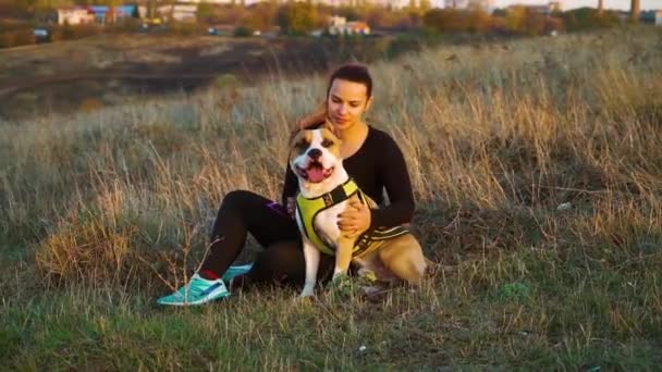 Hübsches Mädchen und amerikanischer Staffordshire Terrier entspannen sich am Hang bei Sonnenuntergang — Stockvideo