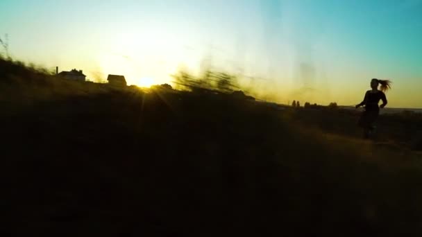 Kız ve Amerikan Staffordshire teriyeri gün batımında koşuyor. — Stok video
