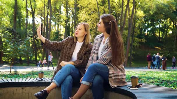Los bloggers felices se comunican con sus seguidores usando teléfonos inteligentes en el parque — Vídeo de stock