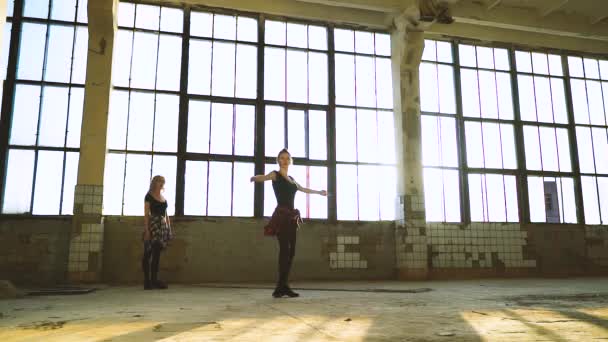 Bailarines de ballet contemporáneos practicando spinning en estudio loft — Vídeo de stock