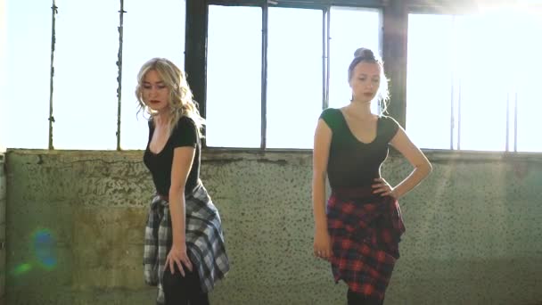 Mooie blonde vrouwelijke modellen poseren in oude fabriek gebouw — Stockvideo