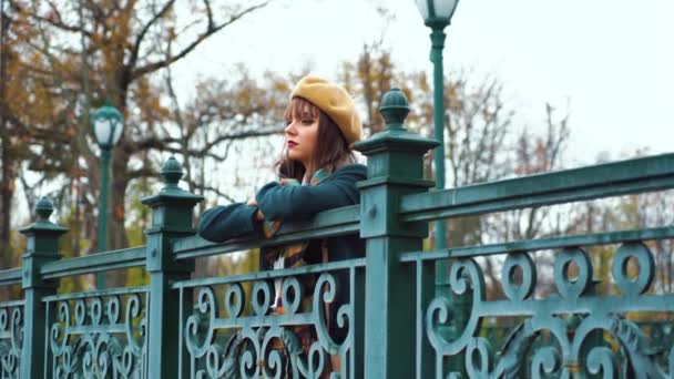 Fille déprimée debout sur le pont dans le parc — Video