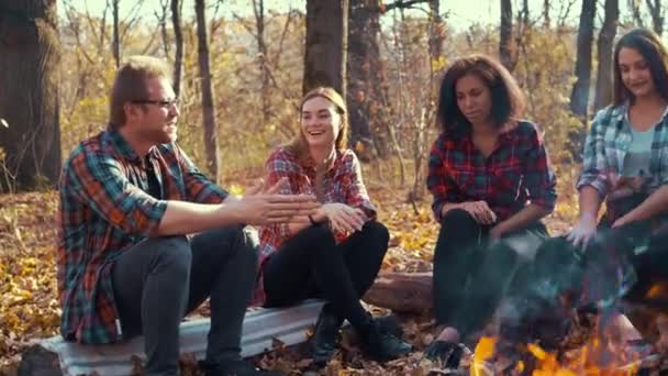 Multiracial group of hikers storytelling by campfire in autumn forest — Stockvideo