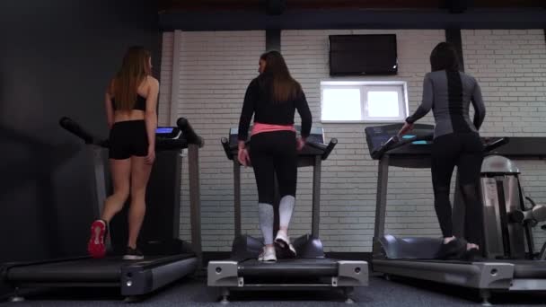 Adatto alle ragazze che camminano e corrono sui tapis roulant in palestra — Video Stock