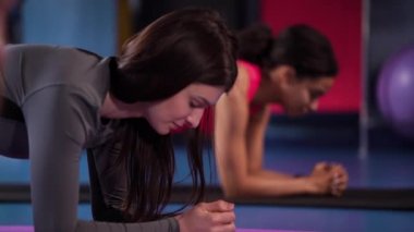 Çok ırklı kızlar spor salonunda dirseklerinde tahta üzerinde duruyorlar.