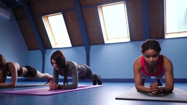 Multi-etnische meisjes staan in plank in de sportschool — Stockvideo