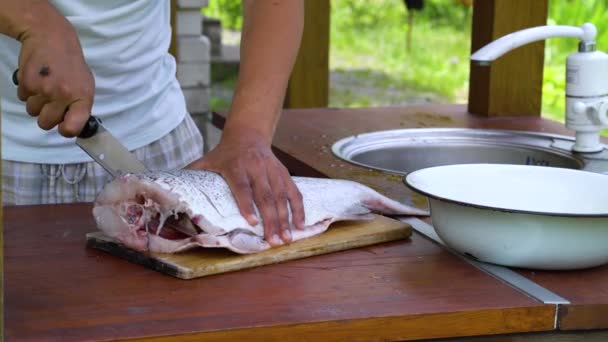Мужские руки режут рыбу на кусочки на заднем дворе — стоковое видео