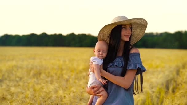 Joven madre caminando con el bebé en las manos en el campo de trigo — Vídeos de Stock