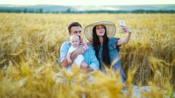 Aile blogcusu, buğday tarlasında koca ve bebekle fotoğraf çekiyor. — Stok video