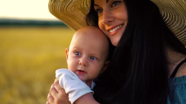 Retrato de madre cariñosa besando bebé de ojos azules en campo de trigo — Vídeos de Stock