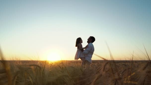 Buon padre crescere la figlioletta in aria nel campo di grano al tramonto — Video Stock