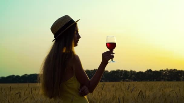 Buğday tarlasında bir kadeh şarapla dolaşan kız silueti. — Stok video