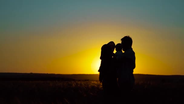 Silhuetas de pais amorosos segurando bebê no campo ao pôr do sol — Vídeo de Stock