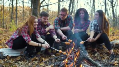 Çok ırklı turistler ormanda kamp ateşinde sosis kızartıyorlar.