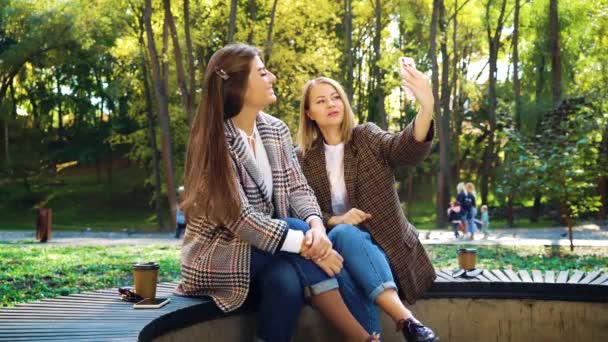 Meisjes bloggers live streaming van mooi park in de herfst — Stockvideo