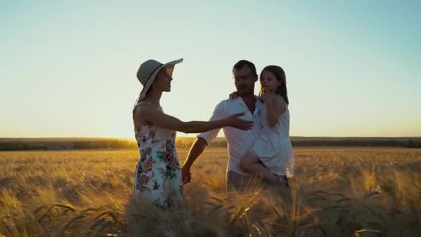 Pais amorosos e filha andando em campo ao pôr do sol — Vídeo de Stock
