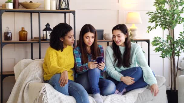 Jovens mulheres sentadas no sofá e conversando — Vídeo de Stock