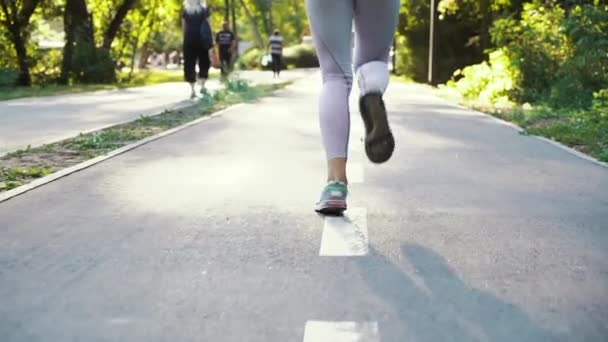 Pies femeninos en zapatillas deportivas corriendo por carretera — Vídeo de stock