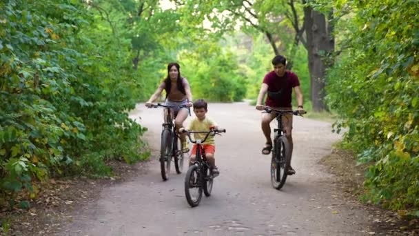 Famiglia in bicicletta insieme nel parco verde — Video Stock
