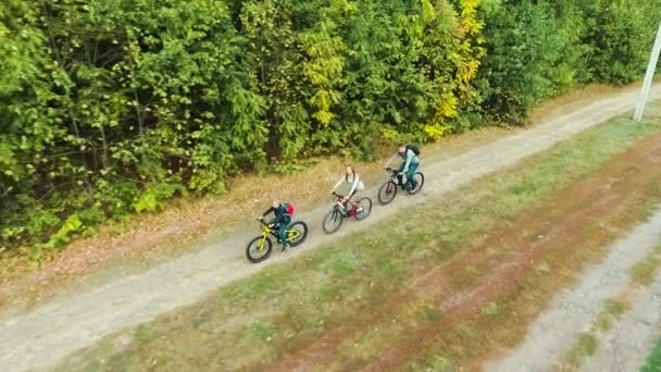 Воздушные спортивные семейные велосипеды вдоль леса — стоковое видео