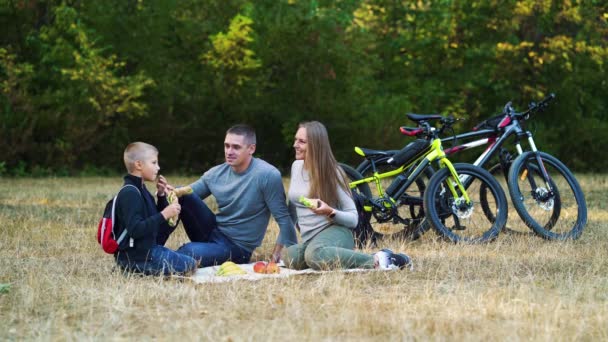 Сім'я їсть бутерброди на пікніку в лісі — стокове відео