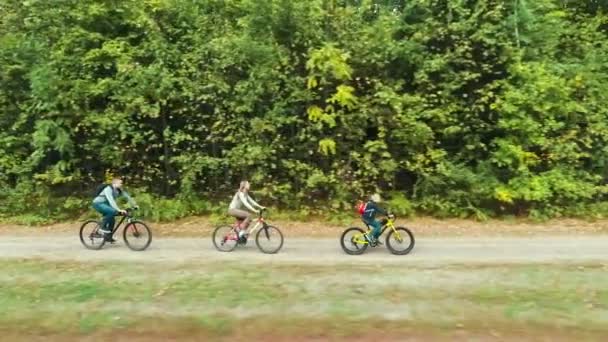 Aerea di famiglia a cavallo biciclette lungo la foresta — Video Stock