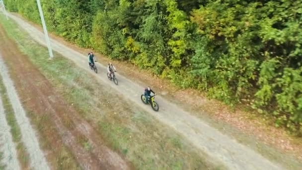 Aérien des parents et des enfants faisant du vélo le long de la forêt — Video