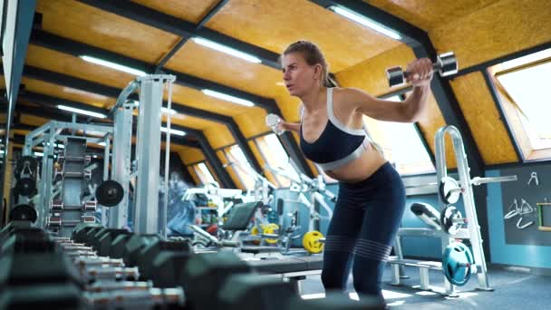 Femme travaillant avec des haltères dans la salle de gym — Video